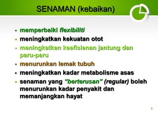 7
SENAMAN (kebaikan)
 memperbaiki flexibiliti
 meningkatkan kekuatan otot
 meningkatkan keefisienan jantung dan
paru-paru
 menurunkan lemak tubuh
 meningkatkan kadar metabolisme asas
 senaman yang “berterusan” (regular) boleh
menurunkan kadar penyakit dan
memanjangkan hayat
 