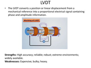 LVDT
• The LVDT converts a position or linear displacement from a
mechanical reference into a proportional electrical signal containing
phase and amplitude information.
Strengths: High accuracy; reliable; robust; extreme environments;
widely available.
Weaknesses: Expensive; bulky; heavy.
 