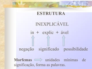 ESTRUTURA
INEXPLICÁVEL
in + explic + ável
negação significado possibilidade
Morfemas unidades mínimas de
significação, forma as palavras.
 