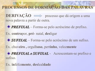 PROCESSOS DE FORMAÇÃO DAS PALAVRAS
DERIVAÇÃO processo que dá origem a uma
nova palavra a partir de outra.
PREFIXAL – Forma-se pelo acréscimo de prefixo.
Ex. contrapor, pré- natal, desligar
SUFIXAL – Forma-se pelo acréscimo de um sufixo.
Ex. chuveiro , orgulhoso, pertinho, velozmente
PREFIXAL e SUFIXAL - Acrescentam-se prefixo e
sufixo.
Ex. infelizmente, deslealdade
 
