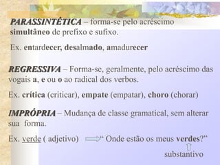 PARASSINTÉTICA – forma-se pelo acréscimo
simultâneo de prefixo e sufixo.
Ex. entardecer, desalmado, amadurecer
REGRESSIVA – Forma-se, geralmente, pelo acréscimo das
vogais a, e ou o ao radical dos verbos.
Ex. crítica (criticar), empate (empatar), choro (chorar)
IMPRÓPRIA – Mudança de classe gramatical, sem alterar
sua forma.
Ex. verde ( adjetivo) “ Onde estão os meus verdes?”
substantivo
 