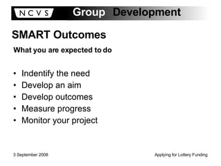 Indentify the need Develop an aim Develop outcomes Measure progress Monitor your project SMART Outcomes What you are expected to do 