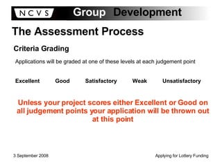 The Assessment Process Criteria Grading Applications will be graded at one of these levels at each judgement point Excellent  Good  Satisfactory  Weak  Unsatisfactory Unless your project scores either Excellent or Good on all judgement points your application will be thrown out at this point 