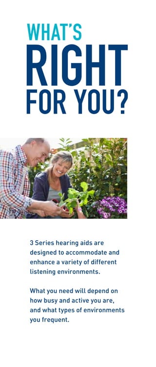 What’s Right 
for you? 
3 Series hearing aids are 
designed to accommodate and 
enhance a variety of different 
listening environments. 
What you need will depend on 
how busy and active you are, 
and what types of environments 
you frequent. 
 