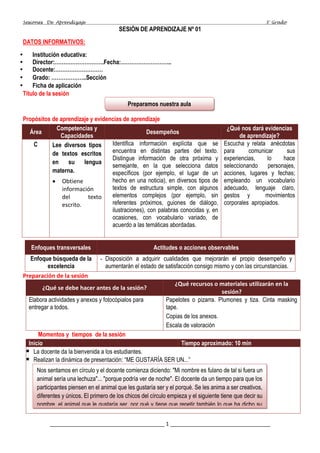 Sesiones De Aprendizaje 3° Grado
_______________________________________ 1 __________________________________
SESIÓN DE APRENDIZAJE Nº 01
DATOS INFORMATIVOS:
 Institución educativa:
 Director:……………………….Fecha:………………………..
 Docente:………………………
 Grado: ………………..Sección
 Ficha de aplicación
Título de la sesión
Propósitos de aprendizaje y evidencias de aprendizaje
Área
Competencias y
Capacidades
Desempeños
¿Qué nos dará evidencias
de aprendizaje?
C Lee diversos tipos
de textos escritos
en su lengua
materna.
• Obtiene
información
del texto
escrito.
Identifica información explícita que se
encuentra en distintas partes del texto.
Distingue información de otra próxima y
semejante, en la que selecciona datos
específicos (por ejemplo, el lugar de un
hecho en una noticia), en diversos tipos de
textos de estructura simple, con algunos
elementos complejos (por ejemplo, sin
referentes próximos, guiones de diálogo,
ilustraciones), con palabras conocidas y, en
ocasiones, con vocabulario variado, de
acuerdo a las temáticas abordadas.
Escucha y relata anécdotas
para comunicar sus
experiencias, lo hace
seleccionando personajes,
acciones, lugares y fechas;
empleando un vocabulario
adecuado, lenguaje claro,
gestos y movimientos
corporales apropiados.
Enfoques transversales Actitudes o acciones observables
Enfoque búsqueda de la
excelencia
- Disposición a adquirir cualidades que mejorarán el propio desempeño y
aumentarán el estado de satisfacción consigo mismo y con las circunstancias.
Preparación de la sesión
¿Qué se debe hacer antes de la sesión?
¿Qué recursos o materiales utilizarán en la
sesión?
Elabora actividades y anexos y fotocópialos para
entregar a todos.
Papelotes o pizarra. Plumones y tiza. Cinta masking
tape.
Copias de los anexos.
Escala de valoración
Momentos y tiempos de la sesión
Inicio Tiempo aproximado: 10 min
▪ La docente da la bienvenida a los estudiantes.
▪ Realizan la dinámica de presentación: “ME GUSTARÍA SER UN...”
Preparamos nuestra aula
Nos sentamos en círculo y el docente comienza diciendo: "Mi nombre es fulano de tal si fuera un
animal sería una lechuza"... "porque podría ver de noche". El docente da un tiempo para que los
participantes piensen en el animal que les gustaría ser y el porqué. Se les anima a ser creativos,
diferentes y únicos. El primero de los chicos del círculo empieza y el siguiente tiene que decir su
nombre, el animal que le gustaría ser, por qué y tiene que repetir también lo que ha dicho su
 