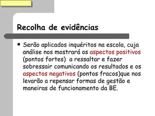Recolha de evidências Serão aplicados inquéritos na escola, cuja análise nos mostrará os  aspectos positivos  (pontos fortes)  a ressaltar e fazer sobressair comunicando os resultados e os  aspectos negativos  (pontos fracos)que nos levarão a repensar formas de gestão e maneiras de funcionamento da BE. 