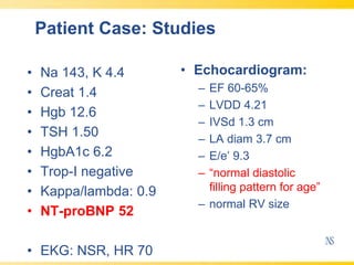Patient Case: Studies
• Na 143, K 4.4
• Creat 1.4
• Hgb 12.6
• TSH 1.50
• HgbA1c 6.2
• Trop-I negative
• Kappa/lambda: 0.9
• NT-proBNP 52
• EKG: NSR, HR 70
• Echocardiogram:
– EF 60-65%
– LVDD 4.21
– IVSd 1.3 cm
– LA diam 3.7 cm
– E/e’ 9.3
– “normal diastolic
filling pattern for age”
– normal RV size
 
