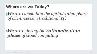 © 2013 Forrester Research, Inc. Reproduction Prohibited 
124 
Where are we Today? 
›We are concluding the optimization phase 
of client-server (traditional IT) 
! 
›We are entering the rationalization 
phase of cloud computing 
 