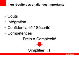Il en résulte des challenges importants


•   Coûts
•   Intégration
•   Confidentialité / Sécurité
•   Compétences
             Frein = Complexité

                  Simplifier l’IT
 