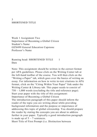 3
SHORTENED TITLE
Week 1 Assignment Two
Importance of Becoming a Global Citizen
Student’s Name
GEN499 General Education Capstone
Professor’s Name
Running head: SHORTENED TITLE 1
Date
Note: This assignment should be written in the correct format
per APA guidelines. Please click on the Writing Center tab at
the left-hand toolbar of the course. You will then click on the
“Writing a Paper” tab, which goes over the basics of writing an
essay. For information on how to write in-text citations in APA
format, click on the “Citing Within Your Paper” link under the
Writing Center & Library tab. This paper needs to consist of
750 – 1,000 words (excluding the title and reference page).
Start your paper with the title of this assignment:
Importance of Becoming a Global Citizen
The introduction paragraph of this paper should inform the
reader of the topic you are writing about while providing
background information and the purpose or importance of
addressing this topic of global citizenship. You should prepare
the reader by stating the concepts you are about to address
further in your paper. Typically a good introduction paragraph
is made up of 5 – 7 sentences.
Short Title of First Prompt (i.e. Distinction between
 