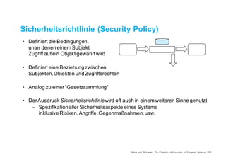 • Definiert die Bedingungen,
unter denen einem Subjekt
Zugriff auf ein Objekt gewährt wird
• Definiert eine Beziehung zwischen
Subjekten, Objekten und Zugriffsrechten
• Analog zu einer "Gesetzsammlung"
• Der Ausdruck Sicherheitsrichtlinie wird oft auch in einem weiteren Sinne genutzt
– Spezifikation aller Sicherheitsaspekte eines Systems
inklusive Risiken, Angriffe, Gegenmaßnahmen, usw.
Sicherheitsrichtlinie (Security Policy)
Saltzer und Schroeder, The Protection of Information in Computer Systems, 1974
 