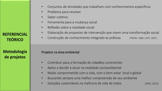 Projetos na área ambiental
• Contribuir para a formação de cidadãos conscientes
• Aptos a decidir e atuar na realidade socioambiental
• Modo comprometido com a vida, com o bem-estar local e global
• Buscando sempre uma melhor compreensão de seu ambiente
• Soluções sustentáveis na melhoria de vida de todos (DIAS, 2013)
• Conjuntos de atividades que trabalham com conhecimentos específicos
• Problema para resolver
• Saber coletivo
• Ferramenta para a mudança social
• Reflexão sobre a realidade social
• Elaboração de propostas de intervenção que visem uma transformação social.
• Construção de conhecimento integrado às práticas (FREIRE, 1980; LEITE, 2007)
REFERENCIAL
TEÓRICO
Metodologia
de projetos
 