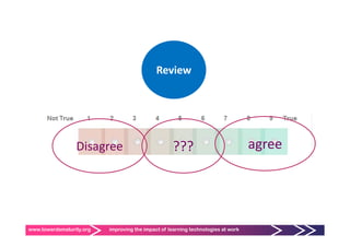 Review
                                             R i




                 Disagree
                     g                             ???                            agree




www.towardsmaturity.org   improving the impact of learning technologies at work
 