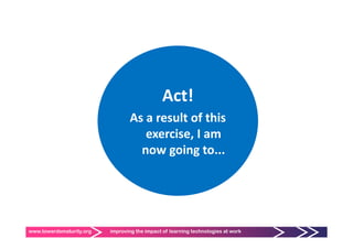 Act!
                                 As a result of this 
                                    exercise, I am 
                                   now going to...
                                   now going to...




www.towardsmaturity.org   improving the impact of learning technologies at work
 