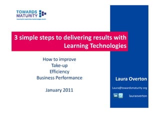 3 simple steps to delivering results with 
                  Learning Technologies
                  L     i T h l i
          How to improve
               Take‐up
              Efficiency
        Business Performance          Laura Overton
                                    Laura@towardsmaturity org
           January 2011
                                                lauraoverton
                                                l        t
 