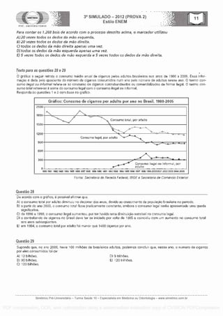 SIMETRICO
PRE - UNIVERSITARIO
3° SIMULADO - 2012 (PROVA 2)
Estilo ENEM
Para contar os 1.268 boil de acordo corn o processo desalt() acirna, o marceder utilizou
A) 20 vezes todos as dedos da mao esquerda.
8)20 vezes todos os dedos da moo direita.
C) todos os dedos da rao direita apenas uma vez.
0) todos os dedos da m5o esquerda apenas uma vez.
E) 5 vezes todos os dedos da moo esquerda e 5 vezes todos as dedos da mao direita.
Texto para as questoes 28 e 29
0 grafico a seguir retrata o consumo media anual de cigarros pefos adultos brasileiros nos anos de 1980 a 2005. Essa intor-
macao 6 dada pelo quociente do nt:imero de cigarros consumidos num ano polo numero de adultos nesse ano. 0 term° con-
sumo ilegal ou inFormal refere-se ao consumo de cigarros contrabandealos ou comercializados de forma ilegal. 0 term con-
sumo total) refers -se Si soma do consumo legal corn o consume ilegal ou informal.
Flesporda as questOes 1 e 2 corn base no grafico.
Grafico: Consumo de cigarros por adulto pot ano no Brasil, 1980-2005
2100
1800
1500
Consume total, pot aduLto
--6---e..---...-,
--.6 - -"-1200
Consume legal, per adulto
4,............6,..._..-6-6900
600
300
0 -
a
111.1 informal, poor
s----.---..*-41---.--...-4.--.-.8°°dur7tounlo
ilegal 1
-IMO IOW 10821063 10541005 ION 99671995 19901990 MI 1002100310041005 Me 10971006 100020002001 2002200320042005
Rome: Sacrataria da Racaila Fedarat IBGE a Sacralaria de Comarcia Exterior.
Questa° 28
Do acordo corn o grafico, 6 possIvel afirmar qua:
Al o consume total per adulto dirninuiu no decorrer dos anos, devido ao crescimento da populacao brasileira no perlodo.
B) a partir do ano 2000, o consumo total ficou praticamente constante, ernbora o consumo legal tenha apresentado uma queda
*Inificativa.
C) de 1996 a 1998, o consumo ilegal aumentou, por ter havido uma climinuicto sensfvel no consumo legal.
o contrabands de cigarros no Brasil dove ter se iniciado par volta de 1986 6 coinCidiu Corn urn aumento no consumo total
nos anos subseqUentes.
E) OM 1994, 0 consumo total per adulto foi manor quo 1400 cigarros por art°.
Questa° 29
Supondo qu9. no aria 2000, havia 100 rnilhities de brasiloiros adultos, podemos concluir quer nesse ano. 0 nUmero do °ions
per ales consumidos foi de:
Al 12 bilhaes. bl 9 trilndes.
BI 90 bilhOes. El. 120 trilhOOS,
01 120 bilhders.
Simetrico Pre-Universitado - Turma Sa0de 10 - Especialista em Medicina ou Odontologia - www.simetrico.com.br
PDF compression, OCR, web optimization using a watermarked evaluation copy of CVISION PDFCompressor
 