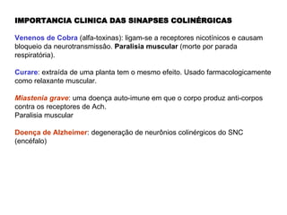 IMPORTANCIA CLINICA DAS SINAPSES COLINÉRGICAS Venenos de Cobra  (alfa-toxinas): ligam-se a receptores nicotínicos e causam bloqueio da neurotransmissâo.  Paralisia muscular  (morte por parada respiratória). Curare : extraída de uma planta tem o mesmo efeito. Usado farmacologicamente como relaxante muscular. Miastenia grave : uma doença auto-imune em que o corpo produz anti-corpos contra os receptores de Ach. Paralisia muscular Doença de Alzheimer : degeneração de neurônios colinérgicos do SNC (encéfalo) 