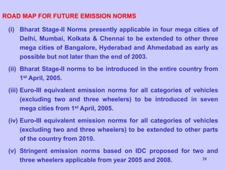 38
ROAD MAP FOR FUTURE EMISSION NORMS
(i) Bharat Stage-II Norms presently applicable in four mega cities of
Delhi, Mumbai, Kolkata & Chennai to be extended to other three
mega cities of Bangalore, Hyderabad and Ahmedabad as early as
possible but not later than the end of 2003.
(ii) Bharat Stage-II norms to be introduced in the entire country from
1st April, 2005.
(iii) Euro-III equivalent emission norms for all categories of vehicles
(excluding two and three wheelers) to be introduced in seven
mega cities from 1st April, 2005.
(iv) Euro-III equivalent emission norms for all categories of vehicles
(excluding two and three wheelers) to be extended to other parts
of the country from 2010.
(v) Stringent emission norms based on IDC proposed for two and
three wheelers applicable from year 2005 and 2008.
 