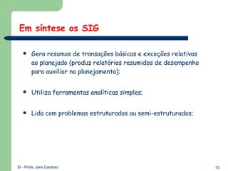 Gera resumos de transações básicas e exceções relativas ao planejado (produz relatórios resumidos de desempenho para auxiliar no planejamento); Utiliza ferramentas analíticas simples; Lida com problemas estruturados ou semi-estruturados; Em síntese os SIG 