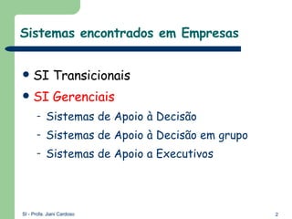 Sistemas encontrados em Empresas SI Transicionais SI Gerenciais  Sistemas de Apoio à Decisão Sistemas de Apoio à Decisão em grupo Sistemas de Apoio a Executivos 