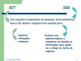 SIT  SIG Um conjunto organizado de pessoas, procedimentos, banco de dados e dispositivos usados para  registrar transações rotineiras  fornecer aos administradores e tomadores de decisão as informações para ajudá-los a atingir as metas da empresa. 