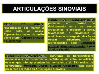 MEIOS DE UNIÃO:
responsáveis por manter a
união entre os ossos.
Representam meios de união
deste grupo: Cápsula articular
e Ligamentos.
MEIOS DE CONGRUÊNCIA: estruturas de fibrocartilagem
responsáveis por promover o perfeito ajuste entre superfícies
ósseas que não apresentam harmonia entre si. São meios de
congruência: Meniscos, Discos, e Lábios Articulares. Não estão
presentes em todas as Articulações Sinoviais.
MEIOS DE DESLIZAMENTO:
permitem um máximo de
deslizamento entre os ossos
articulantes, e reduzem o atrito,
favorecendo o movimento e
minimizando o desgaste das faces
ósseas articulares. São
representados pela: Cartilagem
articular, Membrana sinovial, e pelo
Líquido sinovial.
ARTICULAÇÕES SINOVIAIS
 
