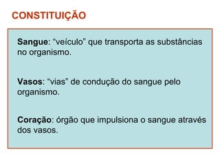 CONSTITUIÇÃO

Sangue: “veículo” que transporta as substâncias
no organismo.


Vasos: “vias” de condução do sangue pelo
organismo.


Coração: órgão que impulsiona o sangue através
dos vasos.
 
