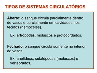 TIPOS DE SISTEMAS CIRCULATÓRIOS

Aberto: o sangue circula parcialmente dentro
de vasos e parcialmente em cavidades nos
tecidos (hemoceles).

  Ex: artrópodas, moluscos e protocordados.

Fechado: o sangue circula somente no interior
de vasos.

  Ex: anelídeos, cefalópodas (moluscos) e
  vertebrados.
 