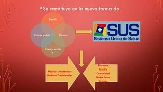 •Se constituye en la nueva forma de
Sentir
Pensar
Comprende
r
Hacer salud
Médicos Académicos
Médicos Tradicionales
Personas
Familia
Comunidad
Madre tierra
Cosmos
 