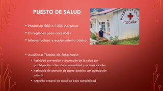 PUESTO DE SALUD
• Población 500 a 1000 personas
• En regiones poco accesibles
• Infraestructura y equipamiento básico
• Auxiliar o Técnico de Enfermería
• Actividad prevención y promoción de la salud con
participación activa de la comunidad y actores sociales
• Actividad de atención de parto eutócico con adecuación
cultural
• Atención integral de salud de baja complejidad
 