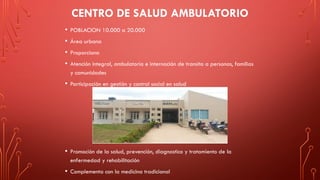 CENTRO DE SALUD AMBULATORIO
• POBLACION 10.000 a 20.000
• Área urbana
• Proporciona
• Atención integral, ambulatoria e internación de transito a personas, familias
y comunidades
• Participación en gestión y control social en salud
• Promoción de la salud, prevención, diagnostico y tratamiento de la
enfermedad y rehabilitación
• Complementa con la medicina tradicional
 