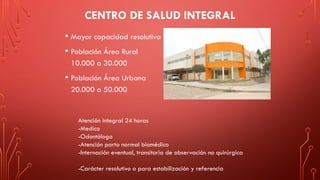 CENTRO DE SALUD INTEGRAL
• Mayor capacidad resolutiva
• Población Área Rural
10.000 a 30.000
• Población Área Urbana
20.000 a 50.000
Atención integral 24 horas
-Medico
-Odontólogo
-Atención parto normal biomédico
-Internación eventual, transitoria de observación no quirúrgica
-Carácter resolutivo o para estabilización y referencia
 