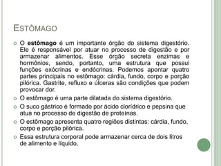 ESTÔMAGO
 O estômago é um importante órgão do sistema digestório.
Ele é responsável por atuar no processo de digestão e por
armazenar alimentos. Esse órgão secreta enzimas e
hormônios, sendo, portanto, uma estrutura que possui
funções exócrinas e endócrinas. Podemos apontar quatro
partes principais no estômago: cárdia, fundo, corpo e porção
pilórica. Gastrite, refluxo e úlceras são condições que podem
provocar dor.
 O estômago é uma parte dilatada do sistema digestório.
 O suco gástrico é formado por ácido clorídrico e pepsina que
atua no processo de digestão de proteínas.
 O estômago apresenta quatro regiões distintas: cárdia, fundo,
corpo e porção pilórica.
 Essa estrutura corporal pode armazenar cerca de dois litros
de alimento e líquido.
 