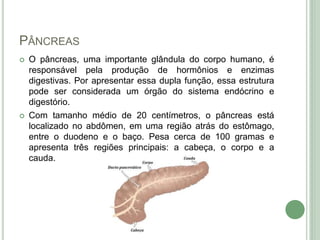 PÂNCREAS
 O pâncreas, uma importante glândula do corpo humano, é
responsável pela produção de hormônios e enzimas
digestivas. Por apresentar essa dupla função, essa estrutura
pode ser considerada um órgão do sistema endócrino e
digestório.
 Com tamanho médio de 20 centímetros, o pâncreas está
localizado no abdômen, em uma região atrás do estômago,
entre o duodeno e o baço. Pesa cerca de 100 gramas e
apresenta três regiões principais: a cabeça, o corpo e a
cauda.
 