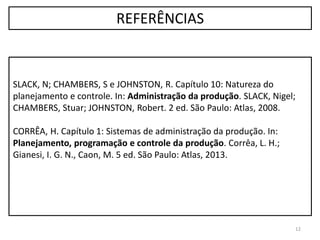 REFERÊNCIAS
SLACK, N; CHAMBERS, S e JOHNSTON, R. Capítulo 10: Natureza do
planejamento e controle. In: Administração da produção. SLACK, Nigel;
CHAMBERS, Stuar; JOHNSTON, Robert. 2 ed. São Paulo: Atlas, 2008.
CORRÊA, H. Capítulo 1: Sistemas de administração da produção. In:
Planejamento, programação e controle da produção. Corrêa, L. H.;
Gianesi, I. G. N., Caon, M. 5 ed. São Paulo: Atlas, 2013.
12
 