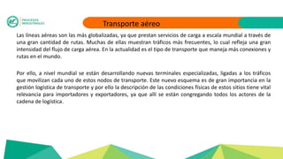Transporte aéreo
Las líneas aéreas son las más globalizadas, ya que prestan servicios de carga a escala mundial a través de
una gran cantidad de rutas. Muchas de ellas muestran tráficos más frecuentes, lo cual refleja una gran
intensidad del flujo de carga aérea. En la actualidad es el tipo de transporte que maneja más conexiones y
rutas en el mundo.
Por ello, a nivel mundial se están desarrollando nuevas terminales especializadas, ligadas a los tráficos
que movilizan cada uno de estos nodos de transporte. Este nuevo esquema es de gran importancia en la
gestión logística de transporte y por ello la descripción de las condiciones físicas de estos sitios tiene vital
relevancia para importadores y exportadores, ya que allí se están congregando todos los actores de la
cadena de logística.
 