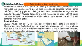 Principales rutas marítimas
Estrecho de Malaca
Se encuentra entre el mar del sur de China y el océano Índico, conectando dos
mercados tan potentes como por un lado los gigantes asiáticos (China, Corea
del Sur y Japón) y por otro las grandes super economías emergentes del
sudeste (Singapur, Malasia, Tailandia e India). Hablamos de unas 50,000 naves
por año en total que representan nada más y nada menos que el 30% del
comercio marítimo global.
Canal de Suez
20,000 naves por año y el 15% del comercio total, este paso entre el
Mediterráneo y el Golfo de Suez que da entrada al océano Índico desde el mar
Rojo con el que se evita el tener que estar dando la vuelta al continente africano,
es sin duda una de las principales obras a nivel de ingeniería realizadas en toda
la historia.
 
