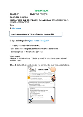 SISTEMA SOLAR
GRADO: 3º BIMESTRE: PRIMERO
DOCENTES A CARGO:
ASIGNATURAS QUE SE INTEGRAN EN LA UNIDAD: CONOCIMIENTO DEL
MUNDO-LABORATORIO
Tema
1. Idea central
Los movimientos de la Tierra influyen en nuestra vida.
2. Ejes de indagación: “¿Qué vamos a indagar?”
-Los componentes del Sistema Solar.
- Qué consecuencias producen los movimientos de la Tierra.
- Cómo exploran el Universo las personas
Ideas previas
Clase 1: Actividad de inicio: “Dibujar en una hoja todo lo que saben sobre el
Sistema Solar.”
Clase 2: Se hará la presentación del y la actividad del cielo visto desde la tierra.
 