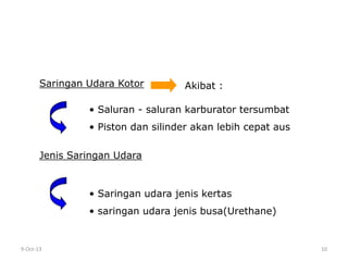 9-Oct-13 10
Saringan Udara Kotor
• Saluran - saluran karburator tersumbat
• Piston dan silinder akan lebih cepat aus
Jenis Saringan Udara
• Saringan udara jenis kertas
• saringan udara jenis busa(Urethane)
Akibat :
 