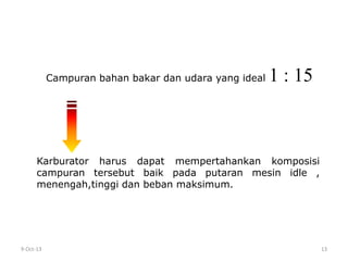 9-Oct-13 13
Campuran bahan bakar dan udara yang ideal 1 : 15
Karburator harus dapat mempertahankan komposisi
campuran tersebut baik pada putaran mesin idle ,
menengah,tinggi dan beban maksimum.
 