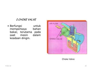 9-Oct-13 22
2.CHOKE VALVE
• Berfungsi untuk
memperkaya bahan
bakar, terutama pada
saat mesin dalam
keadaan dingin.
Choke Valve
 