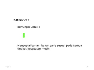 9-Oct-13 25
4.MAIN JET
Berfungsi untuk :
Menyuplai bahan bakar yang sesuai pada semua
tingkat kecepatan mesin
 