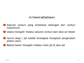 9-Oct-13 32
PUTARAN MENENGAH
Saluran venturi yang terbentuk setengah dari venturi
maksimum
Udara mengalir melalui saluran venturi dan slow air bleed
Jarum skep / jet needle terangkat mengikuti pergerakan
piston valve
Bahan bakar mengalir melalui main jet & slow jet
 