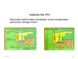 9-Oct-13 40
KARBURATOR TPFC
Menyuplai bahan bakar tambahan untuk menghindari
penurunan tenaga mesin
Cara kerja karburator TPFC
 