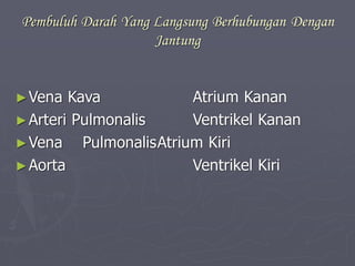 Pembuluh Darah Yang Langsung Berhubungan Dengan
Jantung
►Vena Kava Atrium Kanan
►Arteri Pulmonalis Ventrikel Kanan
►Vena PulmonalisAtrium Kiri
►Aorta Ventrikel Kiri
 