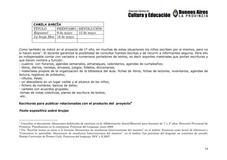 14
Como también se indicó en el proyecto de 1º año, en muchas de estas situaciones los niños escriben por sí mismos, pero no
lo hacen solos7
. El docente garantiza la posibilidad de consultar fuentes escritas y de recurrir a informantes seguros. Para ello
es indispensable contar con variados y numerosos portadores de textos, es decir soportes materiales que portan escrituras y
que tienen nombre y función:
- cuadros con horarios, agendas semanales, almanaques, calendarios, agendas de cumpleaños;
- libros, diarios, revistas, envases, juegos, folletos, diccionarios;
- materiales propios de la organización de la biblioteca del aula: fichas de libros, fichas de lectores, inventarios, agendas de
lectura, registros de préstamo;
- rótulos, listas;
- un abecedario en un lugar visible y al alcance de los niños;
- fichero de nombres, bancos de datos;
- carteles con acuerdos grupales;
-tomas de notas colectivas, planes de escritura de textos;
-etc.
Escrituras para publicar relacionadas con el producto del proyecto8
Texto expositivo sobre brujas
7 Consultar el documento Situaciones habituales de escritura en la Alfabetización Inicial.Material para docentes de 1º y 2º años. Dirección Provincial de
Primaria. Planificación en la enseñanza. Prácticas del Lenguaje, junio 2008
8 Ver “Escribir textos en torno a lo literario Situaciones de enseñanza Intervenciones del maestro” en el ámbito Formarse como lector de literatura y
“Comunicar lo aprendido. Situaciones de enseñanza Intervenciones del maestro”, en el ámbito Las prácticas del lenguaje en contextos de estudio.
Diseño Curricular de Primer Ciclo, Prácticas del lenguaje. DGC y E,2007
CAMILA GARCÍA
TÍTULO PRÉSTAMO DEVOLUCIÓN
Rapunzel 9 de mayo 12 de mayo
La bruja Mon 16 de mayo
 