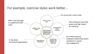 For example, coercive styles work better…
When followers have little
power and high respect
for authority
In top-down,
hierarchical organizations
For traditional boss/
employee relationships where
compliance is valued
over engagement
For structured, routine tasks
When used sparingly
to supplement other
styles
 