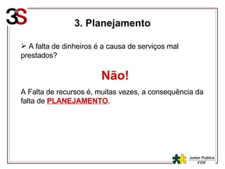 3. Planejamento A falta de dinheiros é a causa de serviços mal prestados? Não! A Falta de recursos é, muitas vezes, a consequência da falta de  PLANEJAMENTO . 