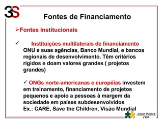 Fontes de Financiamento Fontes Institucionais Instituições multilaterais de financiamento ONU e suas agências, Banco Mundial, e bancos regionais de desenvolvimento. Têm critérios rígidos e doam valores grandes ( projetos grandes) ONGs norte-americanas e européias  investem em treinamento, financiamento de projetos pequenos e apoio a pessoas à margem da sociedade em países subdesenvolvidos Ex.: CARE, Save the Children, Visão Mundial 