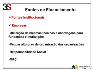 Fontes de Financiamento Fontes Institucionais Empresas Utilização de mesmas técnicas e abordagens para fundações e instituições Requer alto grau de organização das organizações Responsabilidade Social MRC 
